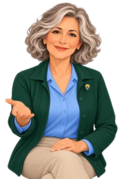 Illustration of Mary, a silver-haired woman in a green cardigan, gesturing in welcome